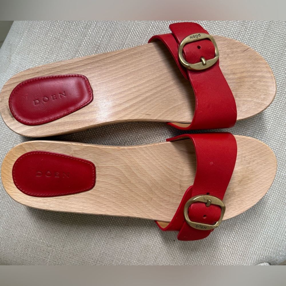 Doen Red Leather Slide Sandals with Brass Buckles